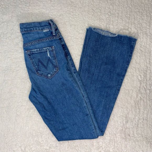 MOTHER The Weekender Fray Mid Rise Flare Blue Jeans, women's size 24 - Picture 1 of 12